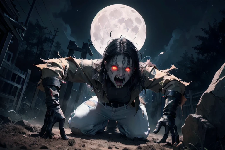 High resolution, masterpiece, high quality, Crying Engine, Ghoul, torn skin, Glowing Eyes, White, thin hair, Blue Denim Jeans, Buried in the soil, Looking Camera, anger, shout, Open your mouth,Muddy, crawling out of the ground, Midnight, full moon, Dark atmosphere,Spooky lighting,