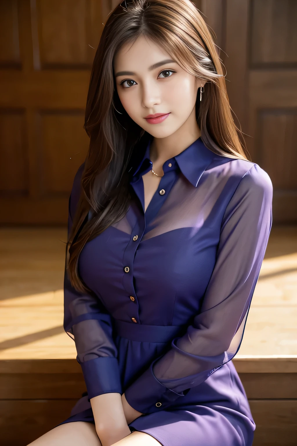 (RAW Photos), (Realistic), (masterpiece), (highest quality), High resolution, 8k, (Intricate details), (Volumetric Light), Portraiture, woman,Age 25, Medium Hair, Straight hair, Mid-chest, Layered Hair, Brown Hair, Very beautiful eyes, Source order, Very thin eyebrows, Very fine skin, Very beautiful mouth, Very nice nose, Cute like an idol, smile, (Thick lips), (Looking at the audience), (See-through dark purple collared dress shirt), Above the knee shot
