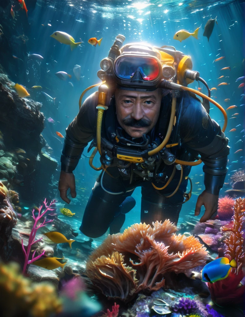 (highres,best quality),detailed underwater scene,underwater exploration,man (specify:1.1) with mustache, deep-sea diving equipment, crystal clear waters, vibrant marine life, colorful coral reefs, (realistic:1.37) depiction of ocean floor, (photorealistic:1.37) representation of sunlight penetrating the water, (vivid colors) illuminating the surroundings, (sharp focus) on the diver and his facial expression, (bokeh) effect accentuating the depth of field, (HDR) enhancing the contrast and dynamic range, serene underwater atmosphere, (physically-based rendering) for realistic lighting effects.