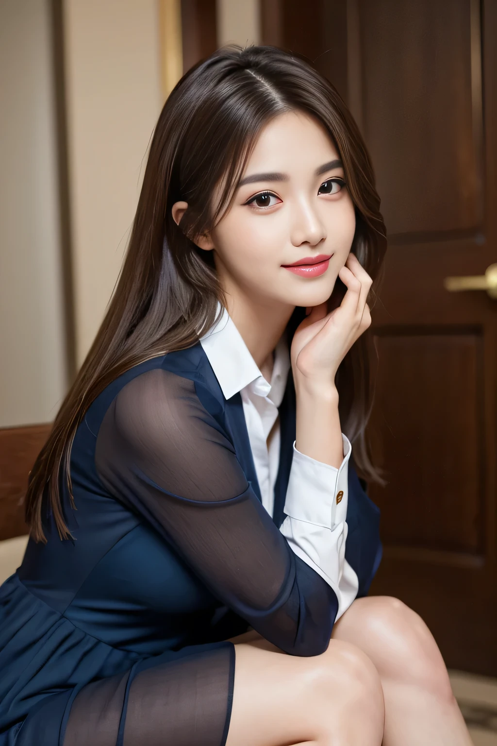 (RAW Photos), (Realistic), (masterpiece), (highest quality), High resolution, 8k, (Intricate details), (Volumetric Light), Portraiture, woman,Age 25, Medium Hair, Straight hair, Mid-chest, Layered Hair, Brown Hair, Very beautiful eyes, Source order, Very thin eyebrows, Very fine skin, Very beautiful mouth, Very nice nose, Cute like an idol, smile, (Thick lips), (Looking at the audience), (See-through dark blue collared dress shirt), Above the knee shot
