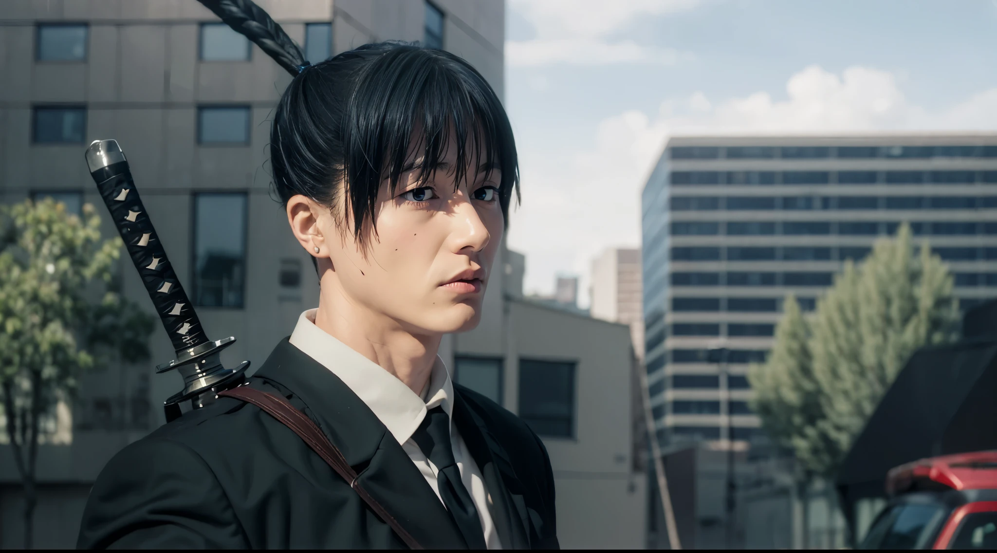 young man with short, dark blue hair tied up in a small ponytail at the top of his head. He has blue eyes and a neutral expression. The man is wearing a formal black suit with a white shirt and black tie. Over his right shoulder, he carries a sword, which is sheathed and has a black and white handle.

In the background, there are urban elements including a large building with multiple windows, another structure that appears to be an apartment complex, and a parked vehicle that looks like a van. There are also some trees and cars visible, indicating the scene takes place in a city or urban environment. The sky is partly cloudy, suggesting it is daytime. The overall tone of the image is calm and slightly serious.