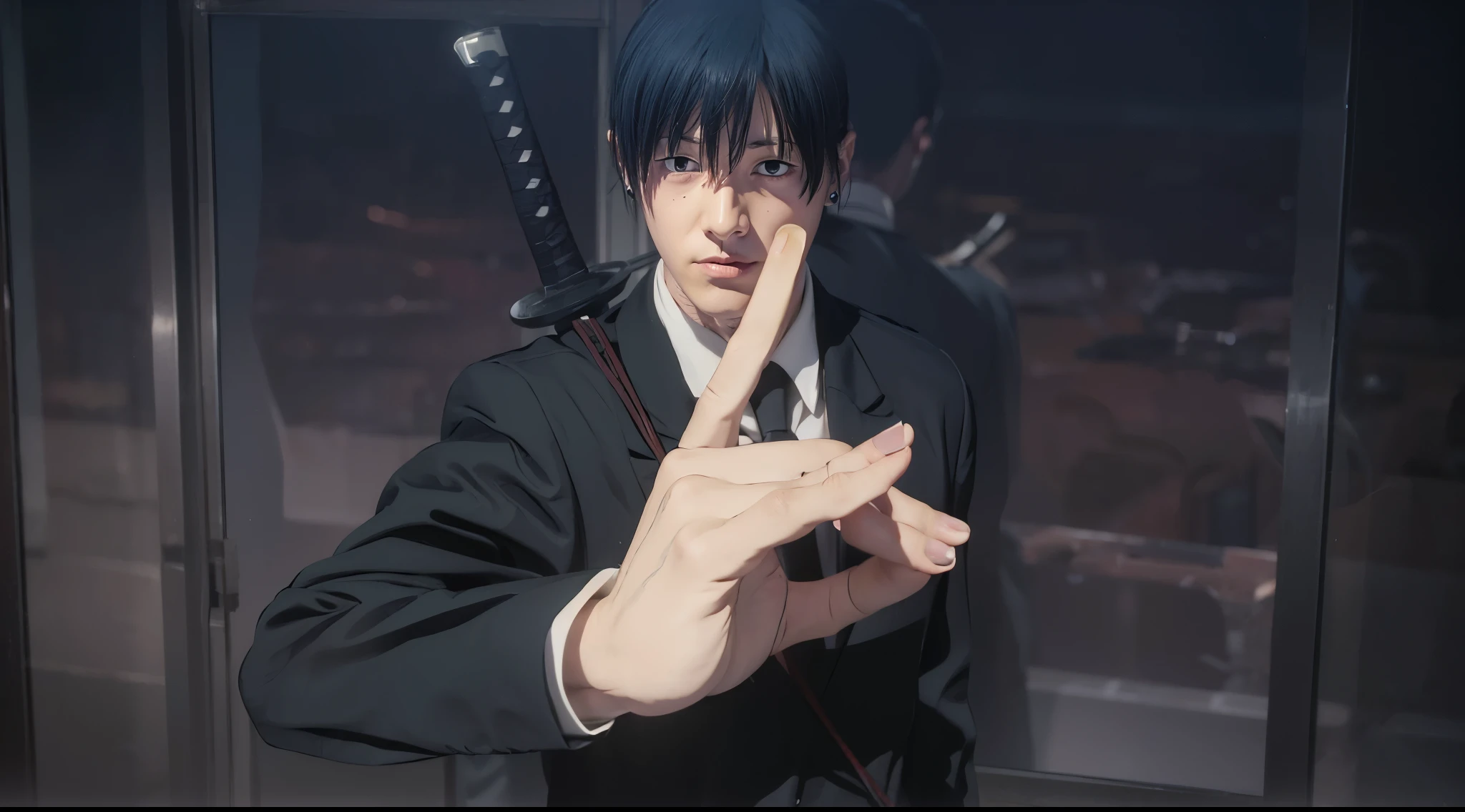 It features a male character with blue hair, wearing a black suit and white dress shirt, typical attire for a professional or business setting. The character is holding a katana in a sheath strapped to his back. His expression is calm and focused.

The character's right hand is raised in front of him, with the middle and index fingers extended straight up and close together, forming a gesture that suggests he is performing some sort of hand sign, possibly related to casting a spell, summoning, or using a special ability. The background is dark and slightly blurred, with a reflection of the character visible in a glass window behind him. The setting appears to be indoors, perhaps a dimly lit room or hallway.

Overall, the scene conveys a sense of mystery and anticipation, as the character seems to be preparing to engage in some significant action.