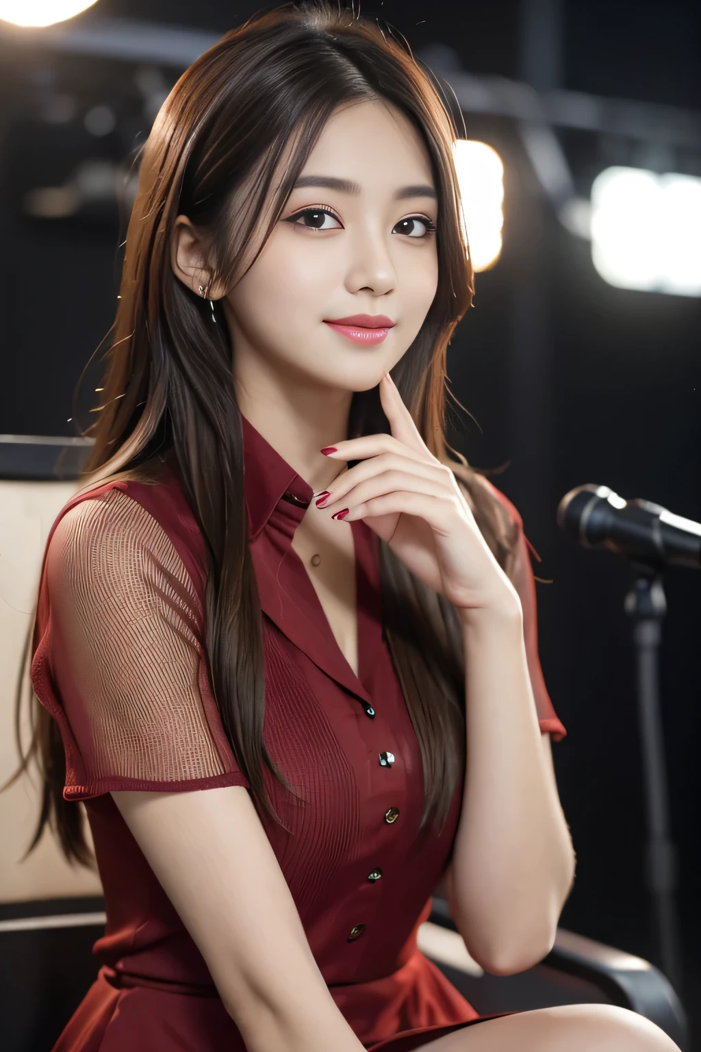 (RAW Photos), (Realistic), (masterpiece), (highest quality), High resolution, 8k, (Intricate details), (Volumetric Light), Portraiture, woman,Age 25, Medium Hair, Straight hair, Mid-chest, Layered Hair, Brown Hair, Very beautiful eyes, Source order, Very thin eyebrows, Very fine skin, Very beautiful mouth, Very nice nose, Cute like an idol, smile, (Thick lips), (Looking at the audience), (See-through dark red collared dress shirt), Above the knee shot