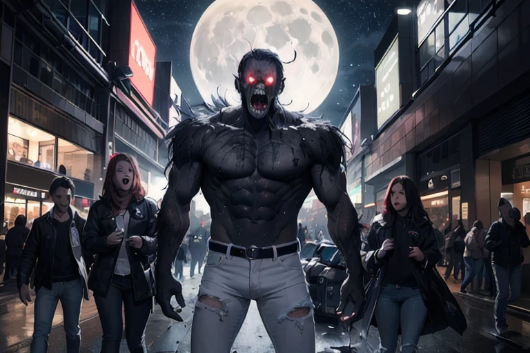 High resolution, masterpiece, high quality, Crying Engine, Ghoul, torn skin,  White, thin hair, Blue Denim Jeans, Attack, Looking Camera, anger, shout, Open your mouth,Muddy, Shopping malls at night, Midnight, full moon, Dark atmosphere,Spooky lighting,
