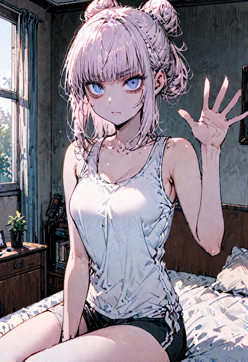 solo, female, sfw, medium short, sitting on bed, large body, small head, extremely tall, tall:1.3, short hair, half-up bun, tied hair, light pink hair, blue eyes, bags under eyes, tank top, slim, medium breasts, bedroom, waving, serious, straight bangs