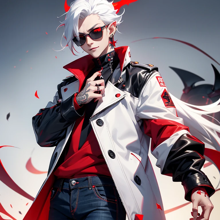 Hot boy demon with red eyes, white hair,black coat and red shirt, blue jeans, pointy ears, has a lot of piercings, devilish smile, round black sunglasses,boy,seductive,tattoo,mafia