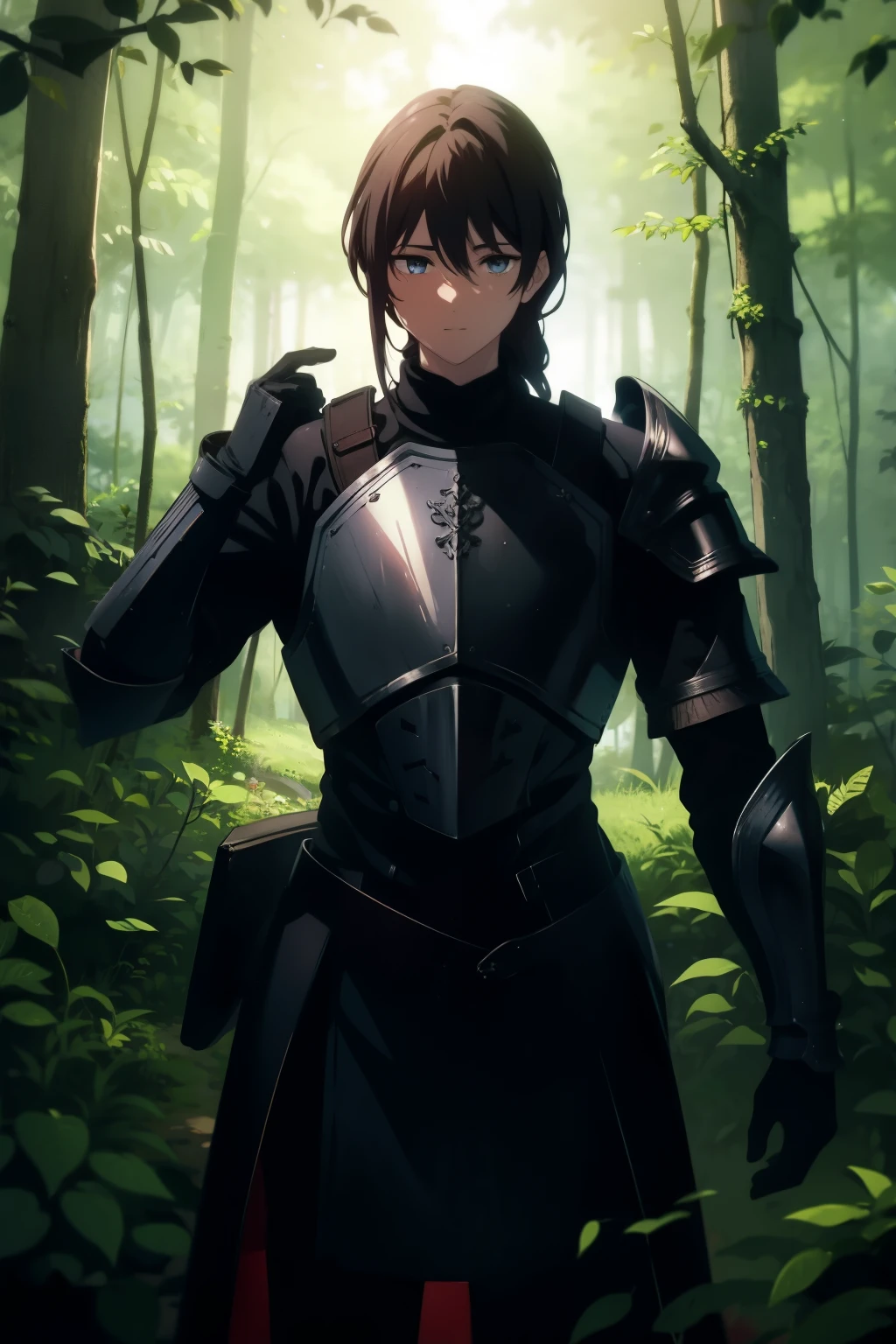1man, in full plate armor, dark hair, deep in the forest
