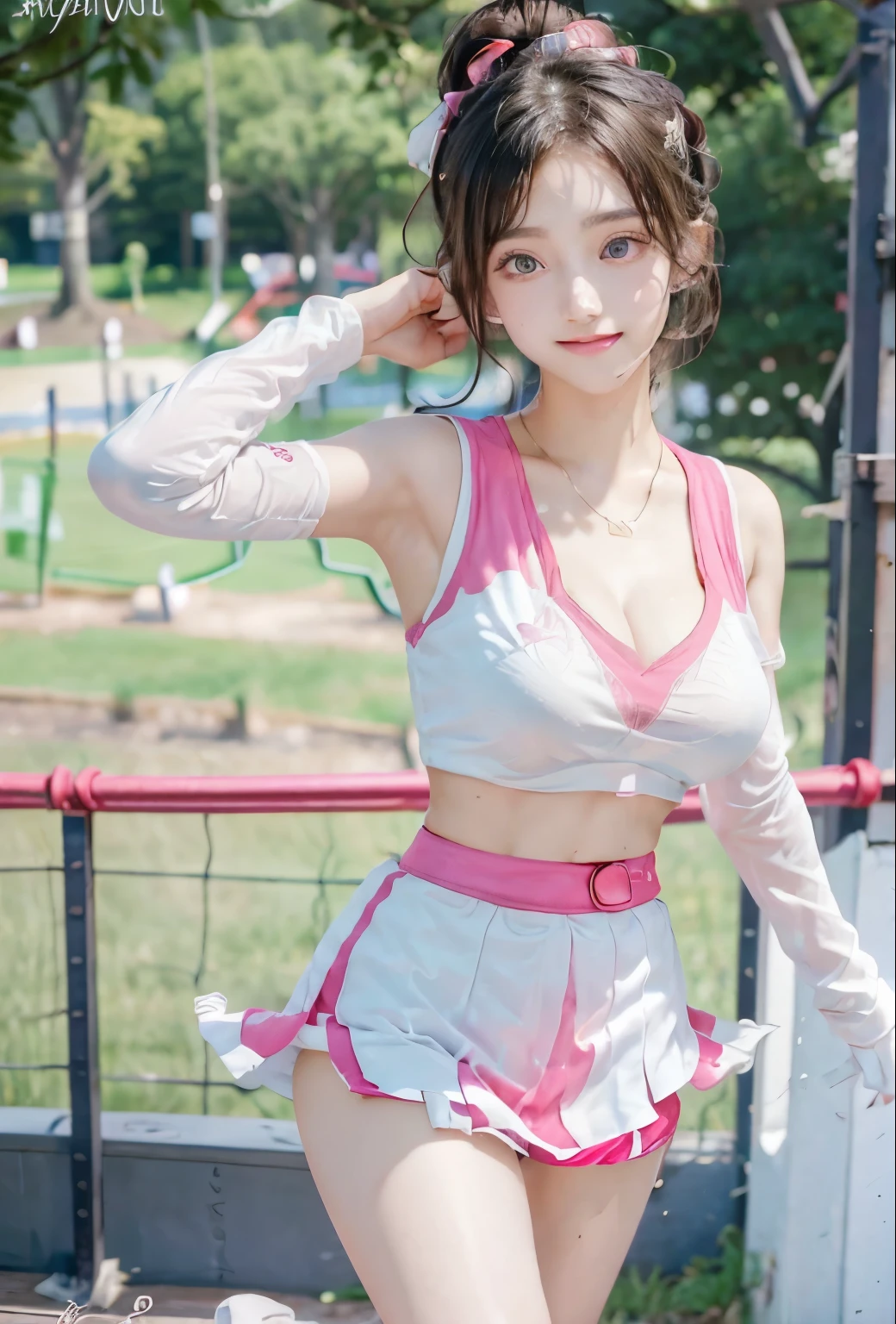 (Pink Ranger, Same as V1)), （High Kick:1.4）、One girl, （High KickでWhite panties:1.5）、Beautiful 18 year old Japanese woman, Angelic, Cute Face,ponytail、チアガールのようなHigh Kick、Lifting your legs as high as you can、White pantiesを見せている、 Beautiful fine details, (Big eyes:1.3),Long eyelashes, See-through bangs, (Beautiful and exquisite face and eyes:1.4), Beautiful short black hair, Beautiful smile, (highest quality:1.2), RAW Photos, High resolution,((Pink Ranger, Same as V1)), One girl, Beautiful 18 year old Japanese woman, Angelic, Cute Face,ponytail、
Beautiful fine details, 
(Big eyes:1.3),Long eyelashes,
See-through bangs,
(Beautiful and exquisite face and eyes:1.4), 
Beautiful short black hair, Beautiful smile,
(highest quality:1.2),
RAW Photos, 
High resolution, 
Perfect detail, 
Professional photography, mini skirt、White panties、
Professional Lighting, (Metallic Coral Magenta and White Hero Miniskirt Suit:1.3), Super tight fitting miniskirt suit, belt, Huge breasts, Beautiful feet, Strong lighting in bodysuit,at the park, Sexy appearance:1.2, Full body portrait