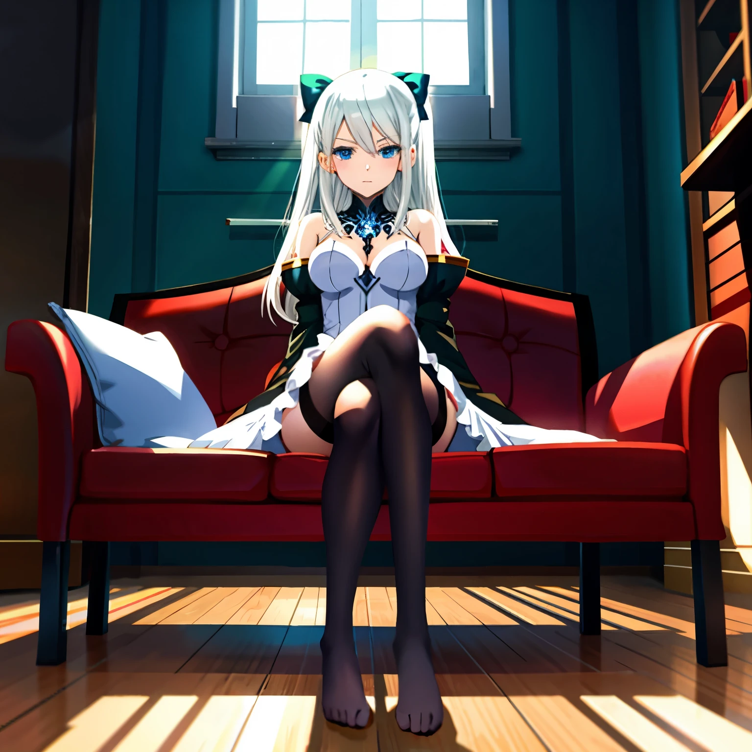 The image is a 2D illustration of an anime girl with blue eyes and gray or white hair. She is wearing a gray dress and black stockings or pantyhose, exposing a significant portion of her abdomen and legs. The girl is seated on green furniture, possibly a chair or sofa, in an indoor environment that appears to be brightly lit by sunlight streaming in through a window. Her posture is open, her legs are spread, and she is either barefoot or wearing stockings with no shoes visible. Her facial expressions are described as calm and inviting, contributing to an overall delicate and appealing visualization. Interpretations of her clothing and exact context vary, but consistent elements throughout the depictions focus on her appealing aesthetic and the indoor, sunlit environment in which she finds herself.
BREAK
World view: fusion of manga and anime, modern day
BREAK
## Style
- Versatile: White Anime Barbie, Biomechanical, Anime Moe Art Style, Dress, Desktop Background, Biomechanical
- Specialized type: "Fate/Stay Night", "Fate/Grand Order", Kushart Krenz's key art, feminine style
BREAK
## Hairstyle and color (determined by theme, pronto overall): Choose one main style from 5 styles (long hair, ponytail, twin tails, bob cut, long braid) and combine all remaining 4 hairstyles to create an original Please style your hair. You can choose the main hair color from gold, blue, or green, and add the remaining two colors as a gradation color.
BREAK
## Body type and complexion: voluptuous, voluptuous, stylish body, rocket breasts, cleavage (between breasts), erection of nipple, hanging breasts, armpits, bare shoulders, breasts, caustics, collarbones, huge breasts , sagging breasts, moles, skin depressions, stomach, thighs, moistwith
BREAK
## Colors: green, blue and gold (added to important elements of the theme), light blue, yellow, silver, crimson (added to other than important elements of the theme)
BREAK
## image quality
- Universal: golden ratio 1.2, drawing board 1.3
- Spe
