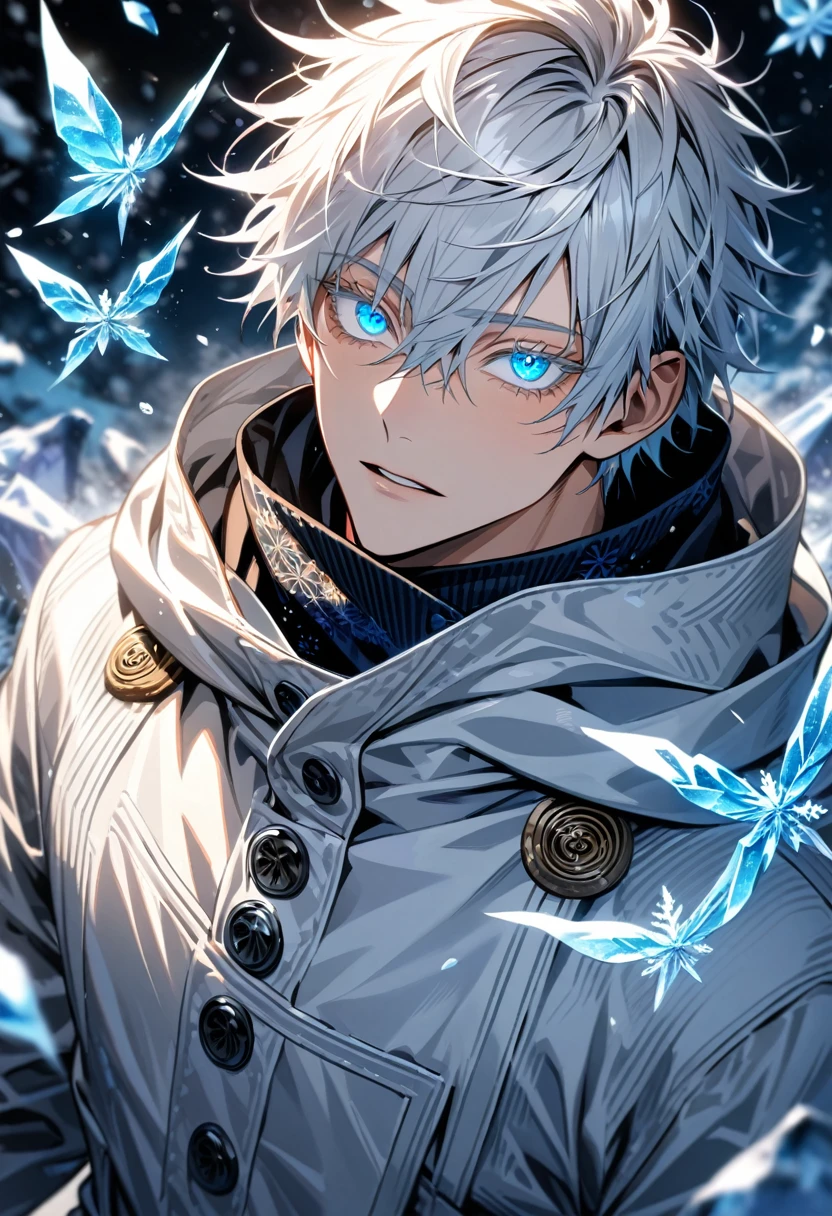 Ultra detailed, Highres, absurdres, HDR, Gojo Satoru, white hair with bangs, expressive blue eyes, white eyelashes, hair between the eyes, white coat with patterns with a hoddie, Jujutsu Kaisen, white flowers, winter, ice, snowflakes, petals, handsome, sexy man, solo, very detailed eyes and face, ice butterflies, master piece, toned chest, glittering