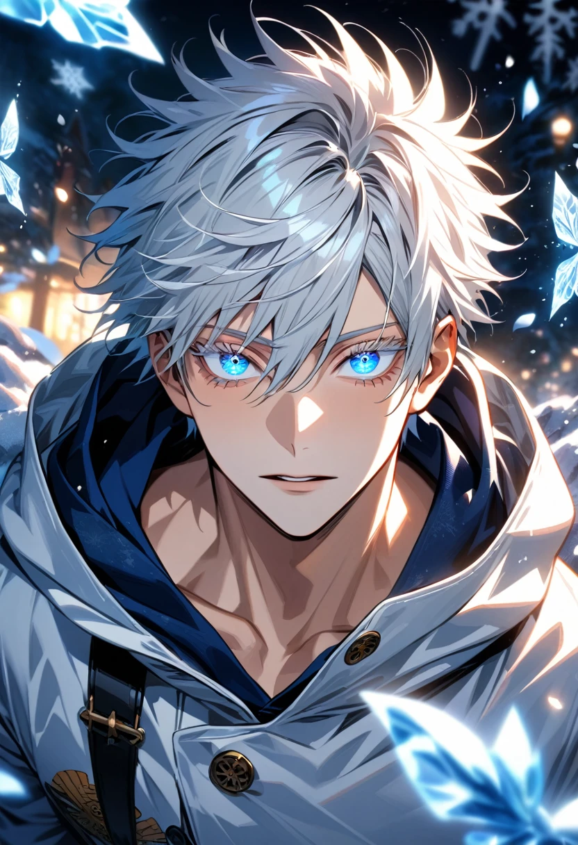Ultra detailed, Highres, absurdres, HDR, Gojo Satoru, white hair with bangs, expressive blue eyes, white eyelashes, hair between the eyes, white coat with patterns with a hoddie, Jujutsu Kaisen, white flowers, winter, ice, snowflakes, petals, handsome, sexy man, solo, very detailed eyes and face, ice butterflies, master piece, toned chest, glittering