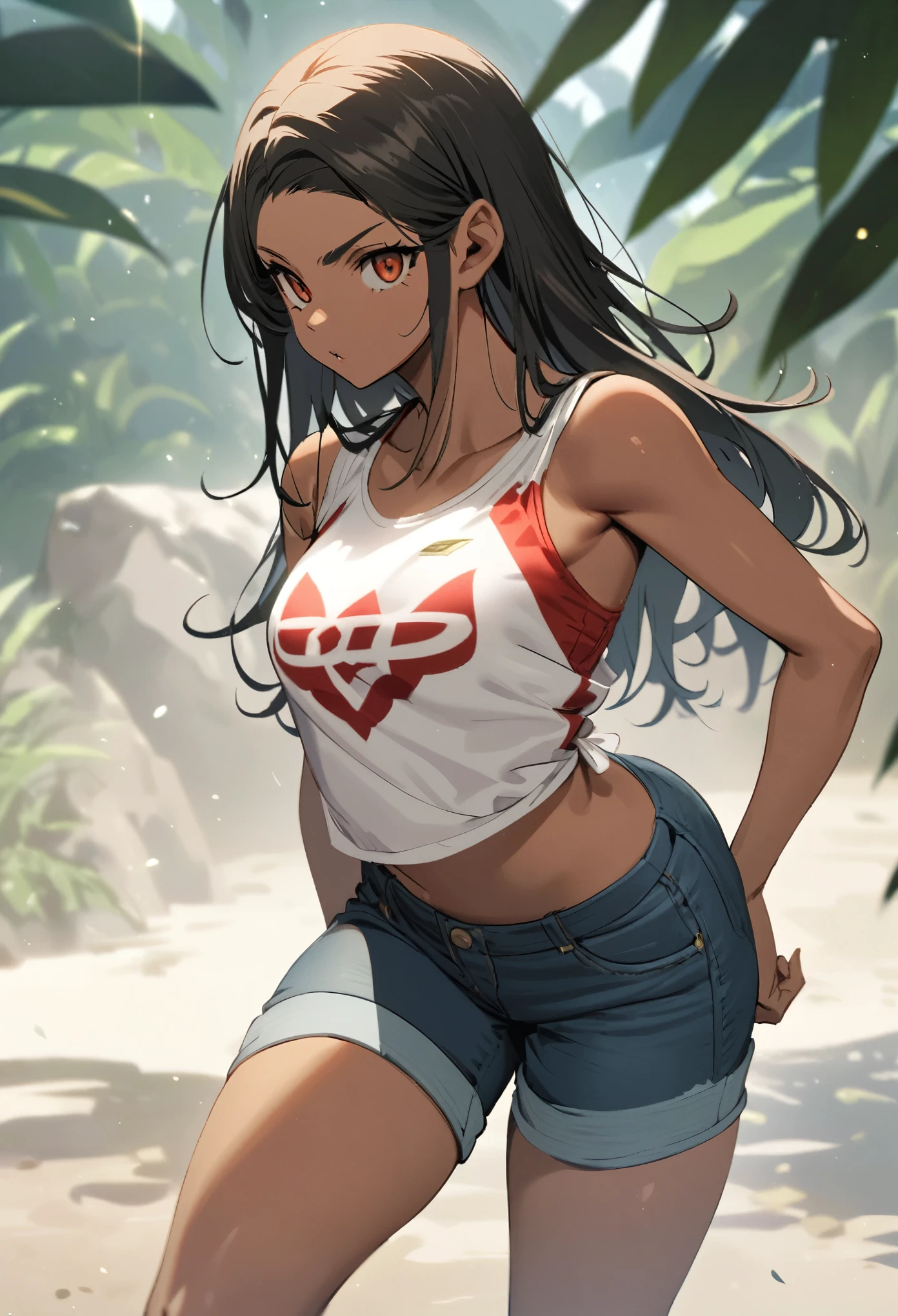 Garota de camisa preta e short jeans curto do corpo perfeito