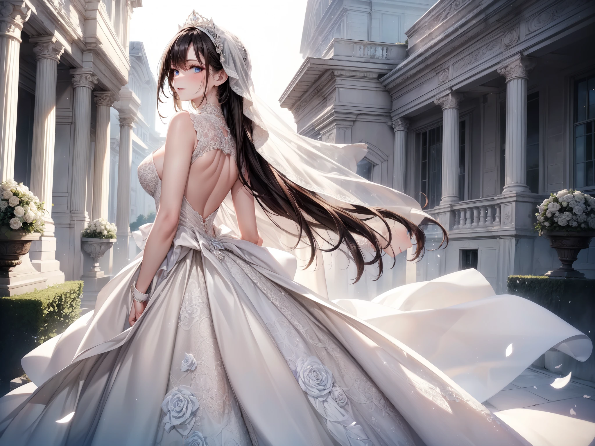 (masterpiece, best quality, beautiful and aesthetic:1.3), look back, looking at viewer, 1girl, solo, light smile, (makeup, long hair, light beige hair, blue eyes:1.2), ruanyi0256, bridal veil, lace-trimmed dress, see-through, wedding dress, outdoors, white roses, garden, morning, standing, extreme detailed, 