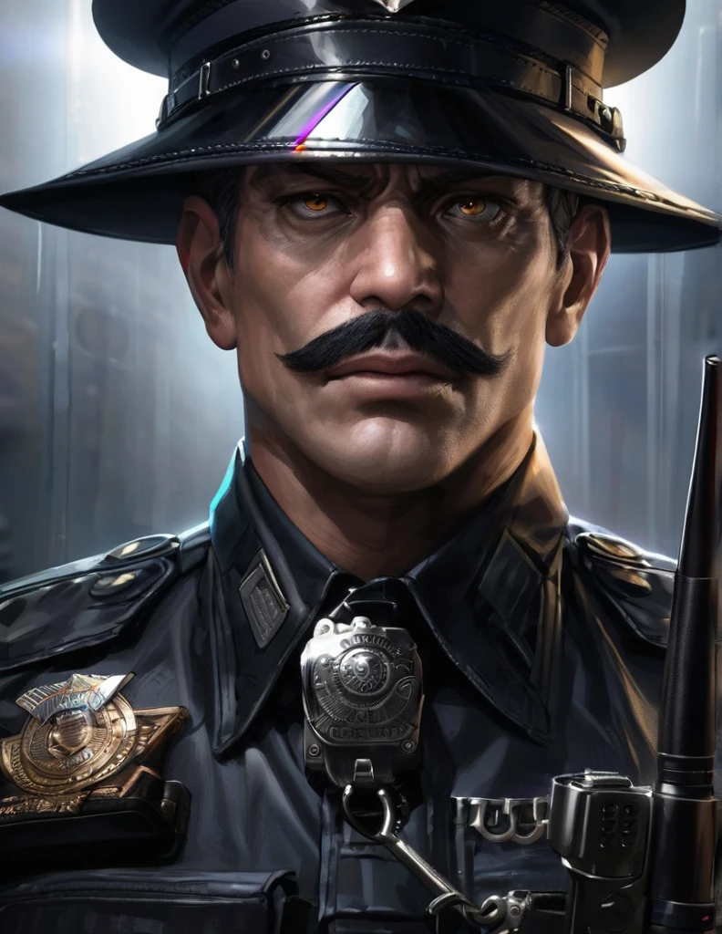 (high quality,masterpiece:1.2),realistic,policeman,detailed eyes,detailed lips,mustache,strong jawline,firm expression,uniform,hat,shining badge,utility belt,walkie-talkie,handcuffs,platinum watch,colt revolver,baton,confident posture,serious gaze,sharp focus,dynamic lighting,vivid colors