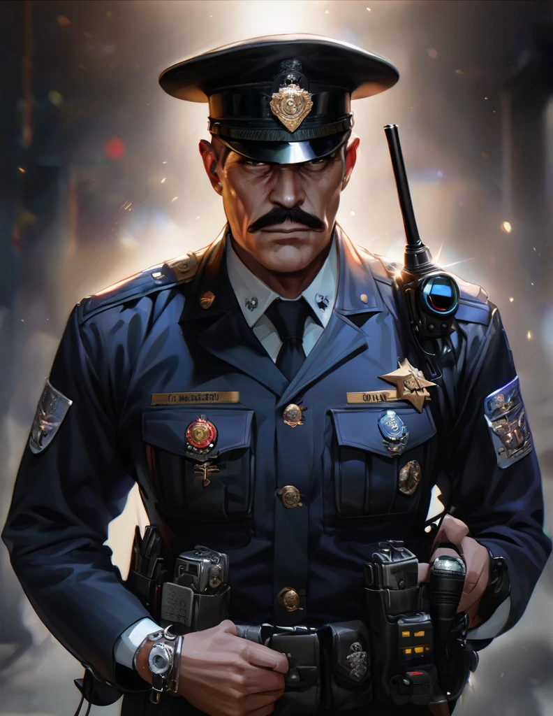(high quality,masterpiece:1.2),realistic,policeman,detailed eyes,detailed lips,mustache,strong jawline,firm expression,uniform,hat,shining badge,utility belt,walkie-talkie,handcuffs,platinum watch,colt revolver,baton,confident posture,serious gaze,sharp focus,dynamic lighting,vivid colors