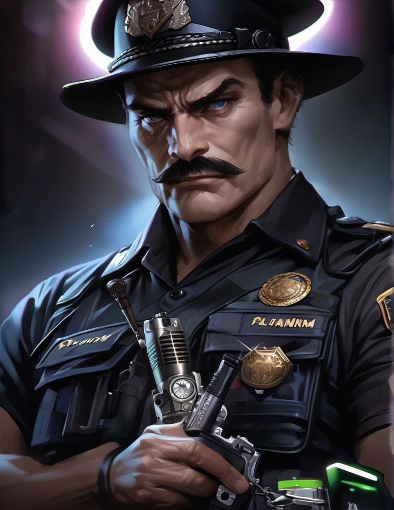 (high quality,masterpiece:1.2),realistic,policeman,detailed eyes,detailed lips,mustache,strong jawline,firm expression,uniform,hat,shining badge,utility belt,walkie-talkie,handcuffs,platinum watch,colt revolver,baton,confident posture,serious gaze,sharp focus,dynamic lighting,vivid colors