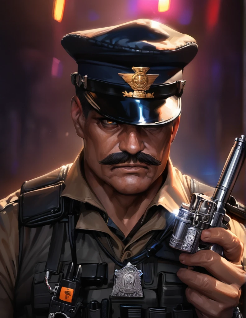 (high quality,masterpiece:1.2),realistic,policeman,detailed eyes,detailed lips,mustache,strong jawline,firm expression,uniform,hat,shining badge,utility belt,walkie-talkie,handcuffs,platinum watch,colt revolver,baton,confident posture,serious gaze,sharp focus,dynamic lighting,vivid colors