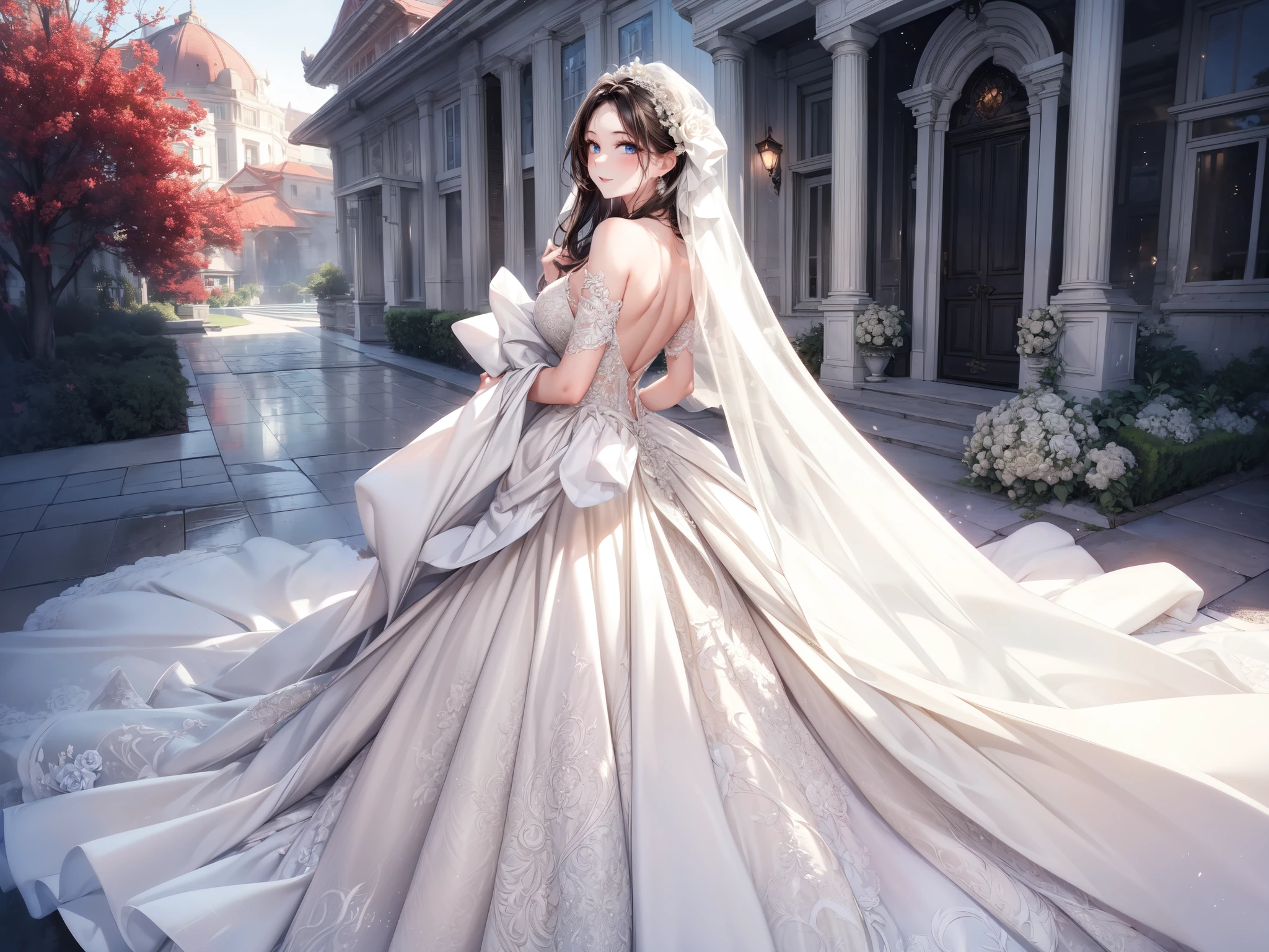 (masterpiece, best quality, beautiful and aesthetic:1.3), look back, looking at viewer, 1girl, solo, light smile, (makeup, long hair, light beige hair, blue eyes:1.2), ruanyi0256, bridal veil, lace-trimmed dress, see-through, wedding dress, outdoors, white roses, garden, morning, standing, extreme detailed, 