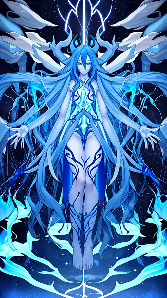 Blue long hair, blue skin, six arms, bare feet, blue flames.