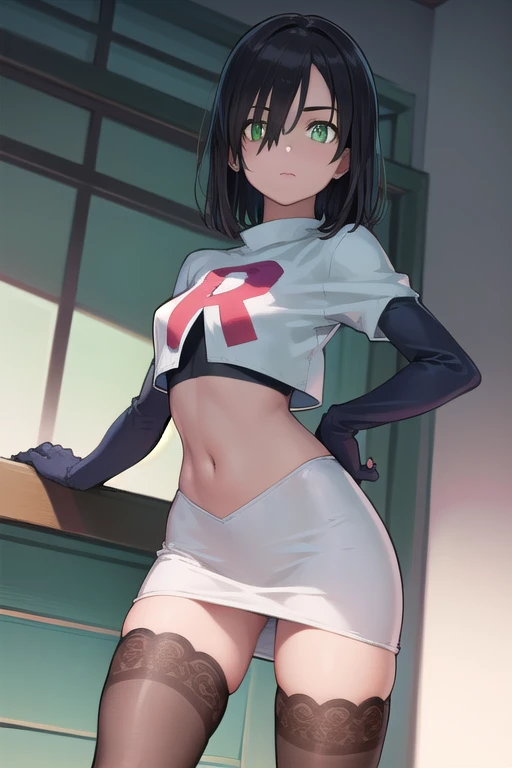fubuki, fubuki, black hair, (green eyes:1.5), short hair,
BREAK jewelry, team rocket,team rocket uniform,white skirt,red letter R,crop top,black thigh-highs,black elbow gloves,
BREAK looking at viewer,
BREAK (masterpiece:1.2), best quality, high resolution, unity 8k wallpaper, (illustration:0.8), (beautiful detailed eyes:1.6), extremely detailed face, perfect lighting, extremely detailed CG, (perfect hands, perfect anatomy),