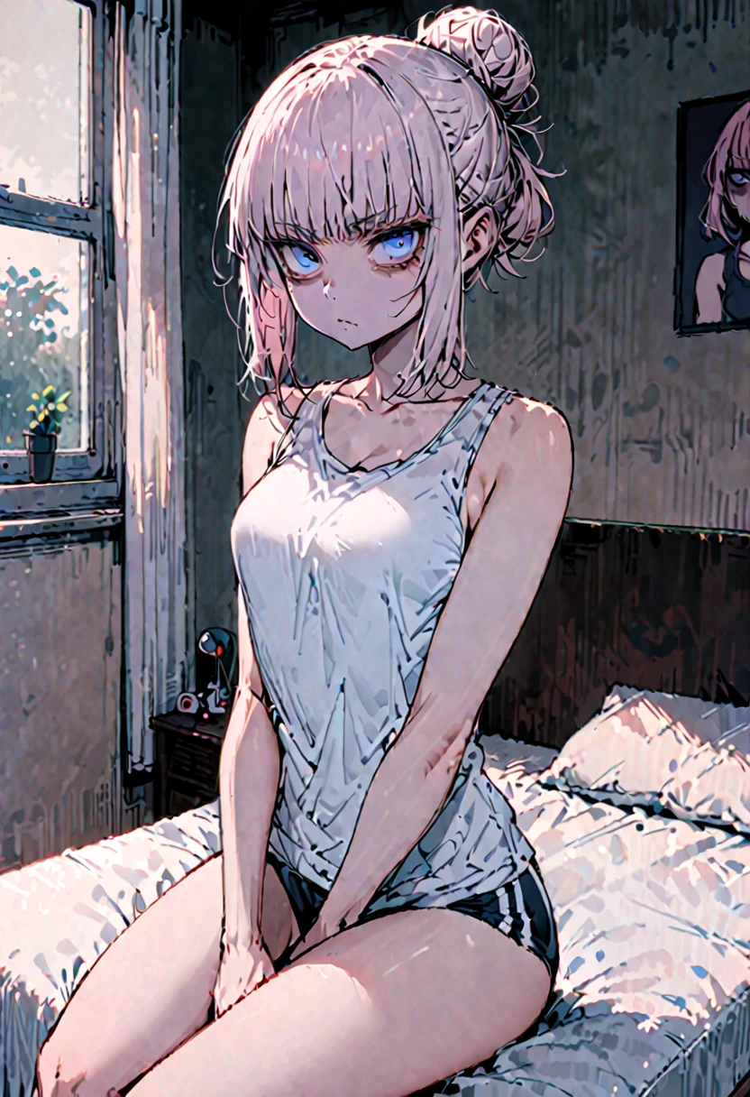 solo, female, sfw, medium short, sitting on bed, huge body, tiny head, extremely tall, tall:1.3, short hair, half-up bun, tied hair, light pink hair, blue eyes, bags under eyes, tank top, slim, medium breasts, bedroom, serious, straight bangs