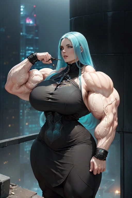 (((((Massive tall, beautiful, buff, pale white skinned muscular woman with cyan hair, ginormous bulky muscles and wearing a beautiful black gothic pencil dress))))), (close view), massive muscles, massive biceps, hyper muscle shoulders, massive muscle arms, vascular shoulders, hyper muscle triceps, (long beachy hair), purple eyes, choker, lace sleeved gloves, (on top of a dilapidated skyscraper in a dark destroyed city), confident smile, hyper vascular arm, hyper muscles arms, hyper muscle legs, (massive arms).