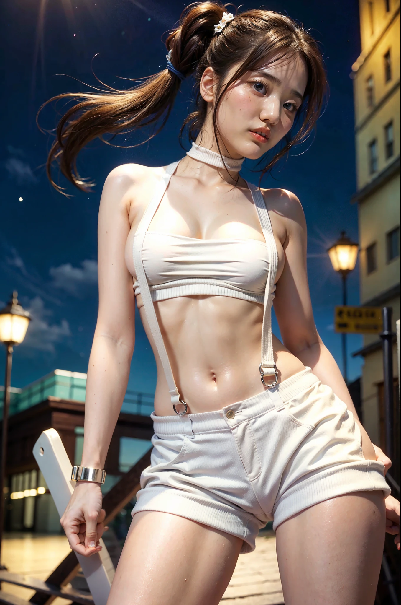 (8K high quality), (milky white skin), (long blonde hair), ((bright blue eyes)), ((Photo taken from the front)), (Beautiful face with double eyelids), (realism: 1.4), ((Wearing dominatrix suit, showing cleavage, showing collarbones, showing arms, thighs, butt cheeks)), ((making eye contact with the audience)), (skin imperfections), (body hair), (black leather bikini), (whips), (shiny spikes), ((slender body)), ((cameltoe))