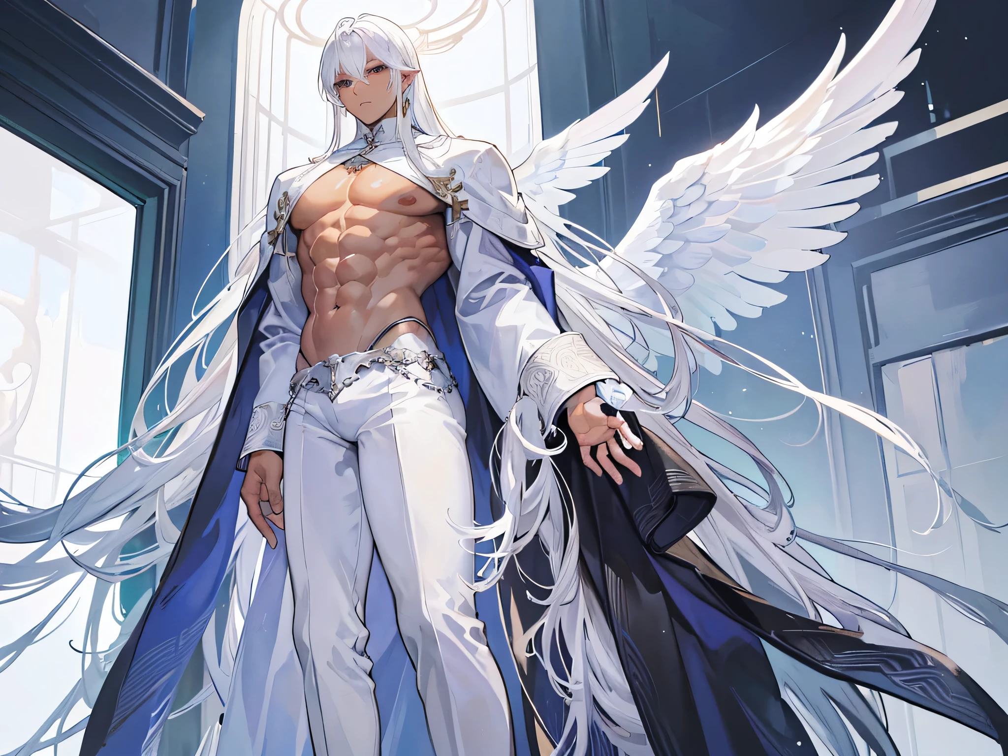 ((Masterpiece, Highest quality)), Male, boy, Detailed face, character design sheet, full bodyesbian, Full of details, frontal body view, back body view, Highly detailed, Depth, Many parts, angel wings, dark skin, white long hair, angel outfit, Muscle boy with white hair,handsome man, male angel , man tall, abs, pectoral muscle