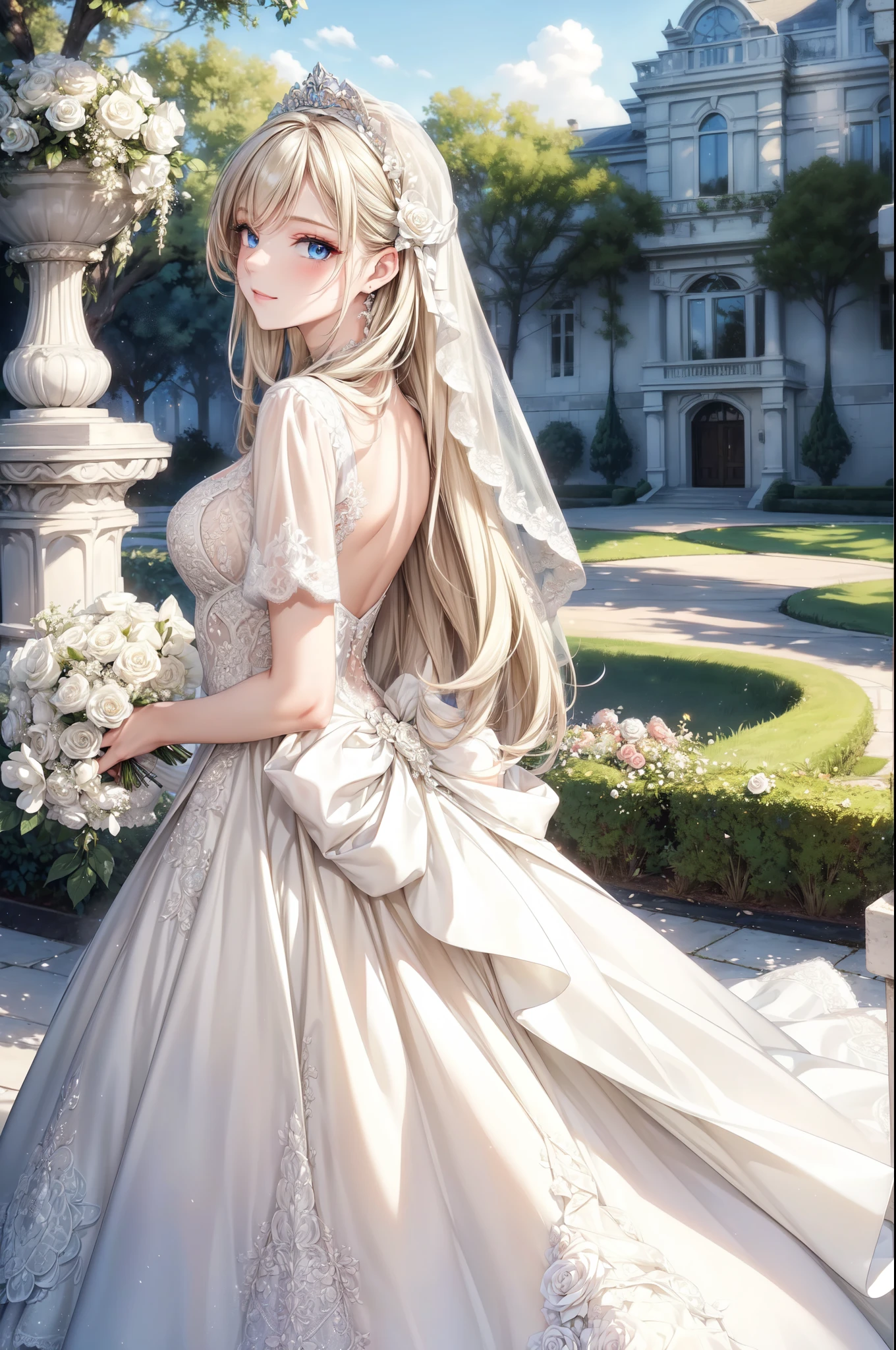 (masterpiece, best quality, beautiful and aesthetic:1.3), look back, side view, 1girl, solo, light smile, (makeup, long hair, light beige hair, blue eyes:1.2), bridal veil, lace-trimmed dress, see-through, wedding dress, outdoors, white roses, garden, morning, standing, extreme detailed, 