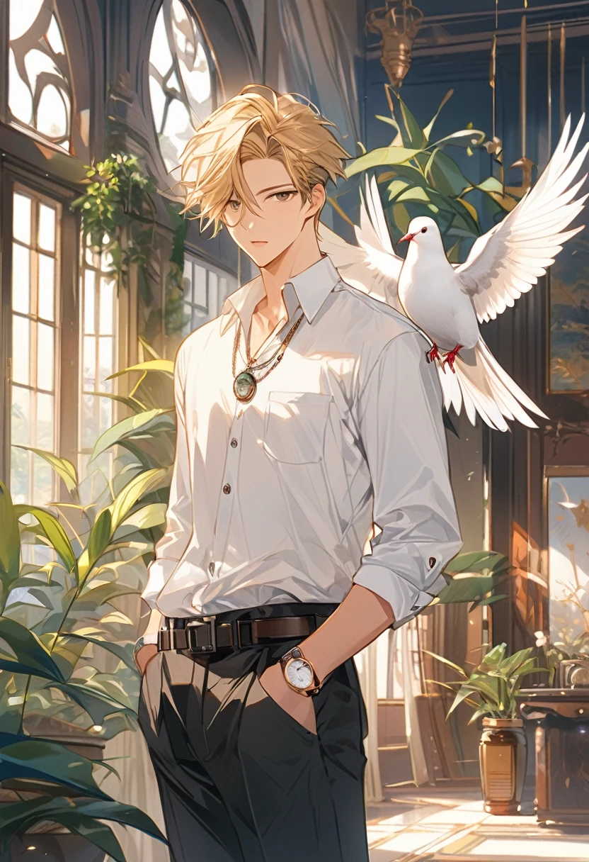(best quality), ((masterpiece)), (highres), illustration, original, extremely detailed,1boy, male focus, shirt, belt, solo, white shirt, watch, bird, pants, jewelry, short hair, necklace, looking at viewer, black belt, blonde hair, long sleeves, plant, dove, collared shirt, hand in pocket, indoors, black pants, standing, wristwatch, feathers, cowboy shot