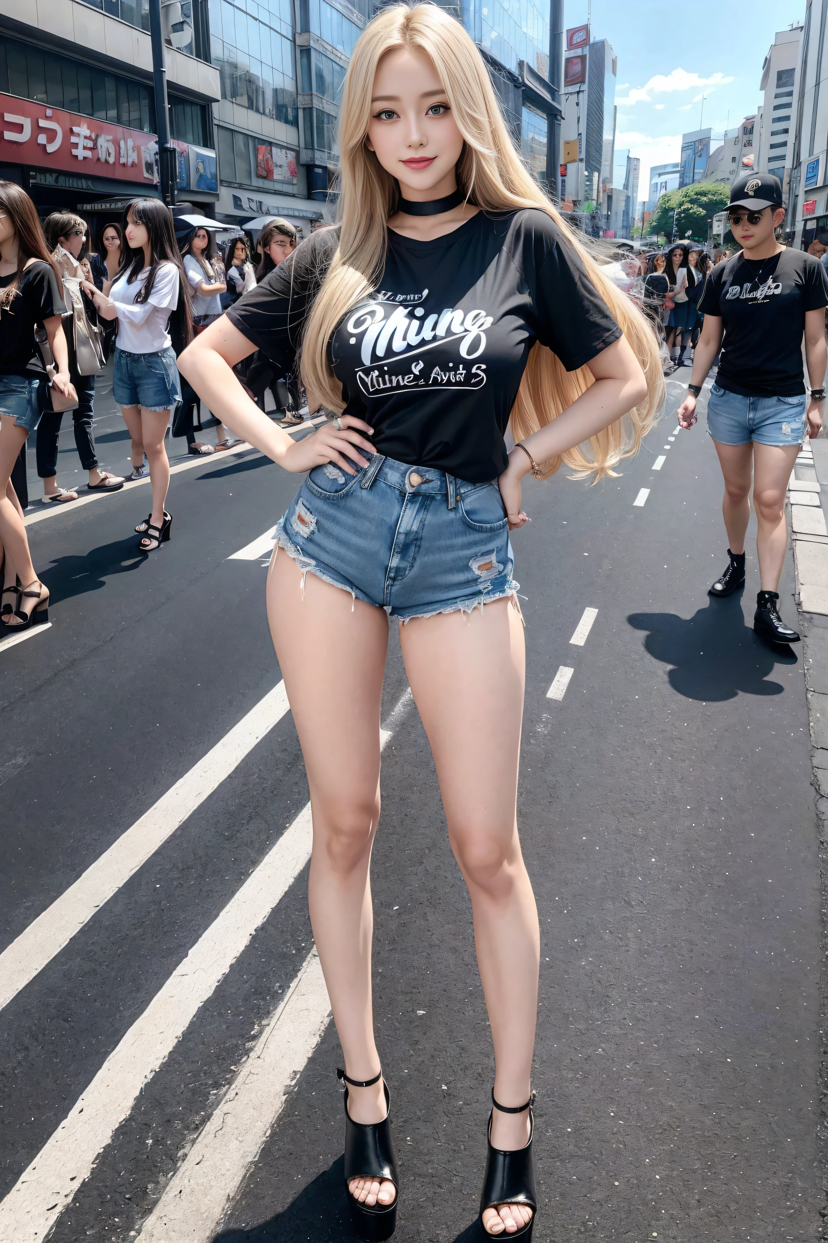 1 girl, (blue eyes), (They are smiling), (In the name of Mina), Wide hips, tetas Large targets, Large target, (Best quality, 8K, masterpiece: 1.3), Perfect hands, Clear focus: 1.2, Perfect body beauty: 1.4, Slim abs: 1.2, Highly detailed face and skin textures, delicate eyes, Double eyelids, (Long blond hair), (Black collar T-shirt), (Denim shorts :1.1), (High heel :1.3), permanent, Dynamic poses, Background Tokyo Shibuya Crossing.