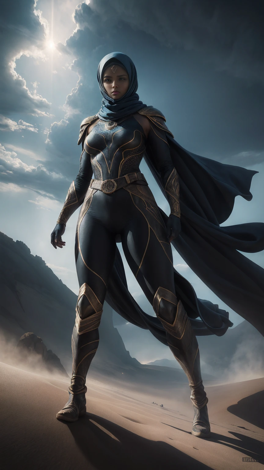 a digital illustration portraying a girl clad in an intricately designed Fremen suit reminiscent of the universe in Frank Herbert's "Dune." The suit boasts meticulous detailing, showcasing its desert-friendly features, including sand-resistant layers, functional utility belts, and a protective headscarf. Against the backdrop of a ferocious desert storm, she stands defiant, the tempest swirling around her. The artwork adopts a hyperrealistic style, accentuating the tactile feel of the suit's texture and the dramatic contrast of light and shadow in the midst of the storm