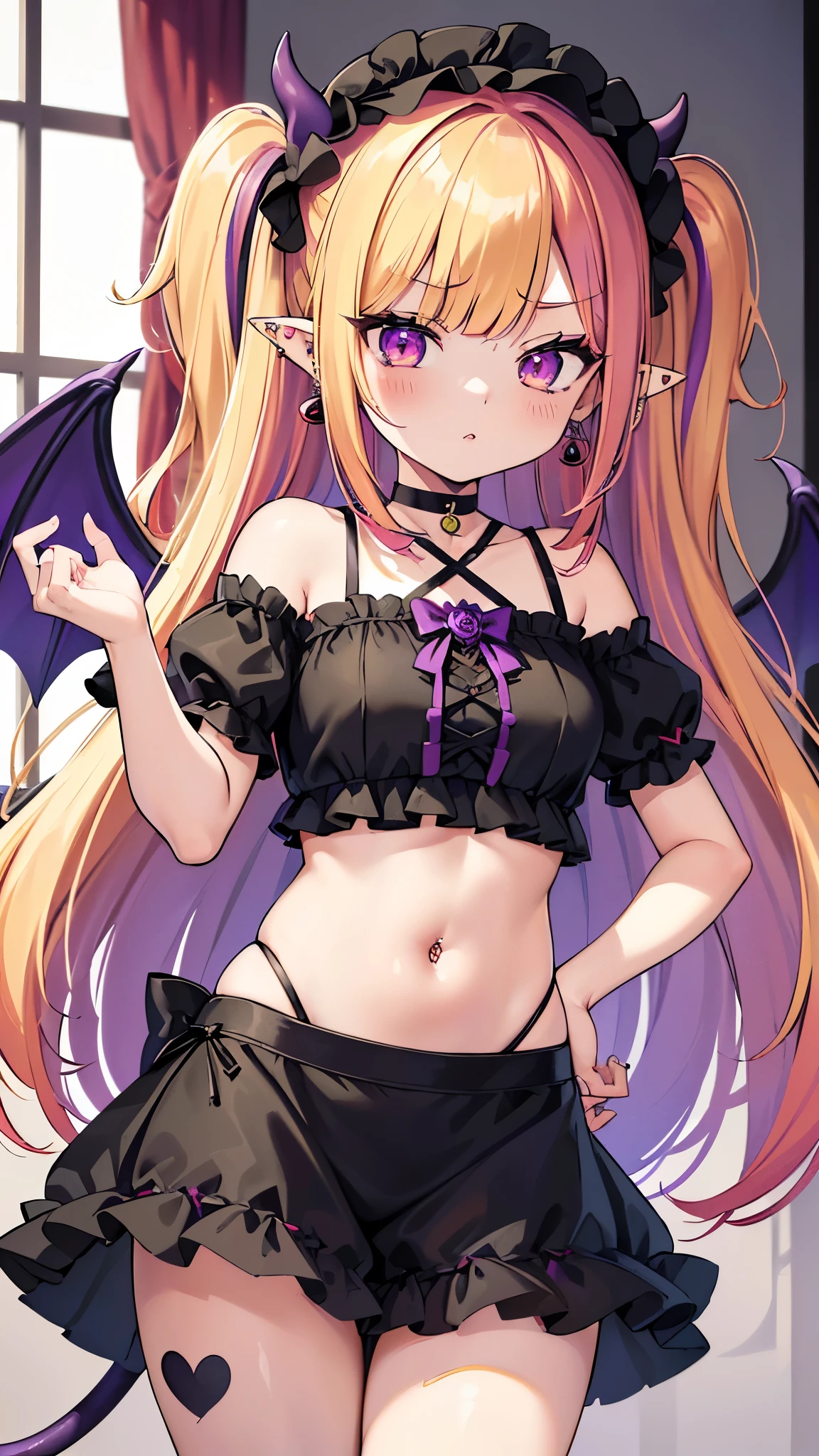 (masterpiece, best quality), best quality, (ultra-detailed), (3heads:1.5), 1girl, (elis:1.3), masterpiece, best quality, ultra quality, ultra resolution, ultra detail, white top, crop top, ((stomach)), midriff, ((groin)), red skirt with strange purple markings along its hem, miniskirt, normal ears, midriff, , blonde hair, very long hair, wavy hair, sidelocks, purple eyes, parted lips, sweat, cute, toned belly, hand on own chest, eyelashes, (25 year old woman:1.3), (masterpiece:1.5), (best quality:1.5), (beautiful detailed), extremely detailed CG, extremely delicate and beautiful, depth of field, (finely detailed face), (perfect details:1.2), (mature female:1.3), wide pelvis, slender, large veiny breast, 16k resolution, highres, very high quality, very high definition, extremely detailed, masterpiece, blonde long hair, alluring presence, twin braid, short skirt, close up, big tits, young, red bow, purple bat wings, nsfw, open belly,
