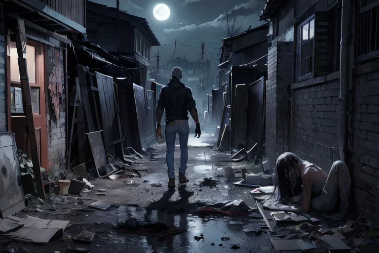 High resolution, masterpiece, high quality,  Ghoul, torn skin, White, thin hair, Blue Denim Jeans, Attack, Looking Camera,Muddy, Back alley at night, Midnight, full moon, Dark atmosphere,Spooky lighting,Multiple zombies,Exhaustion
