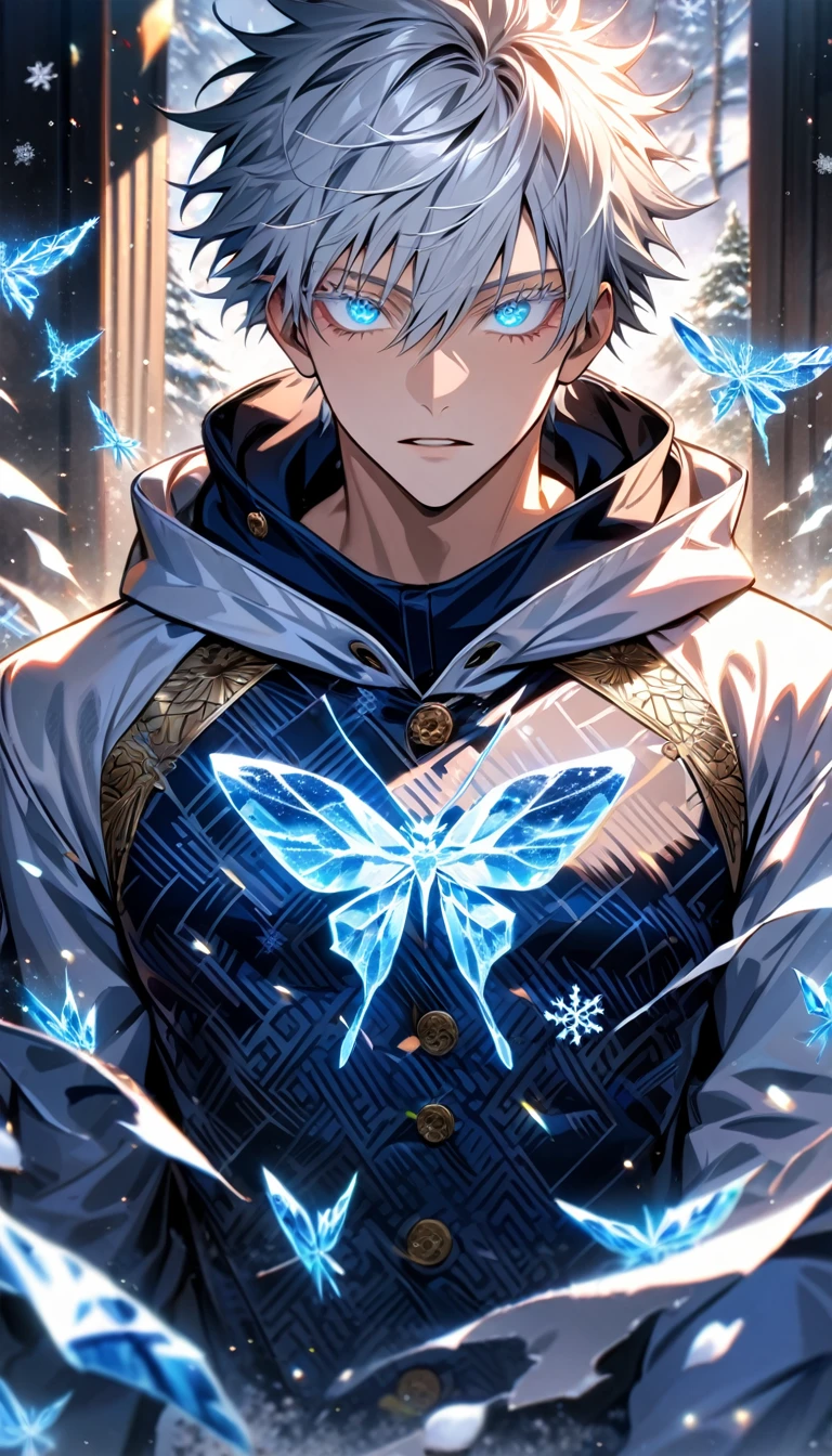 Ultra detailed, Highres, absurdres, HDR, Gojo Satoru, white hair with bangs, expressive blue eyes, white eyelashes, hair between the eyes, white coat with patterns with a hoddie, Jujutsu Kaisen, white flowers, winter, ice, snowflakes, petals, handsome, sexy man, solo, very detailed eyes and face, ice butterflies, master piece, toned chest, glittering