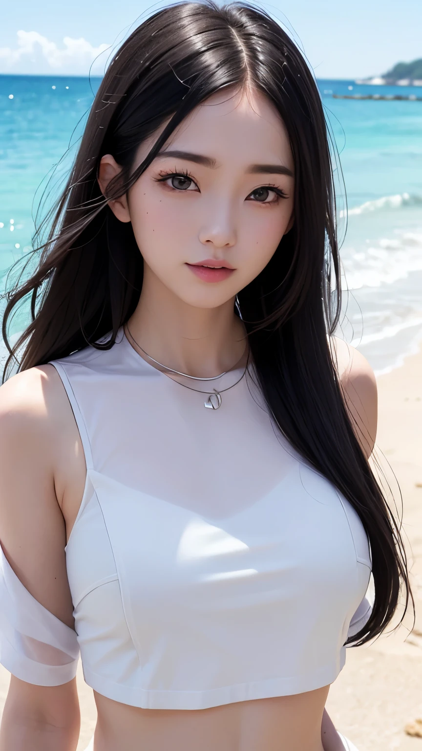 (logo、masterpiece、8k、Tabletop、RAW Photos、wonderful、最high quality、Photorealistic and Very detailed CG integrated 8k wallpaper、high quality、Very detailed、Narrative poem、Particle Effects、Dynamic Effects、Written boundary depth、Cinematic Light、Lens flare、Ray Tracing)、Fantasy、 (One beautiful woman、White pants、White T-shirt、White tube top、White crop top、Black-haired、Beautiful Face、True Face、Beautiful details、eye、Beautiful Skin、Ultimate Body、glamorous)、私の髪はWindに舞う、Hair flutters in Wind、Hair bounces、Seaside、wonderful景色、Coastal、sunrise、Sun in the background、Wind、Beach