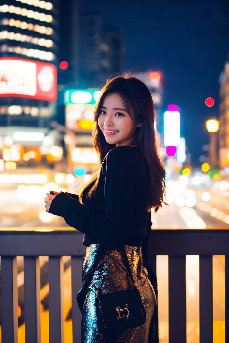 Beautiful Korean girl, long hair, cute, good figure, smile, travel outfit, night background in the big city, bright lights,