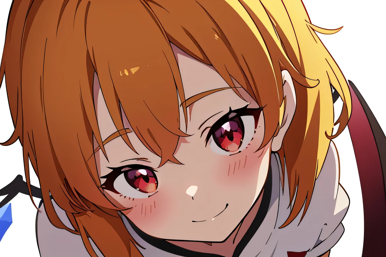 Anime Style、highest quality, One Girl, alone, （Flandre Scarlett staring at camera）、Expressive、Portraiture、The camera is looking at the girl.、From above、standing、 A teasing smile、Blushed、Beautiful Face、Eye highlights、、Red eyes、Bright yellow fur on the side tail,、Short sleeve、Childish、Pure white background