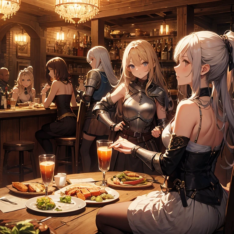 A group of female medieval fantasy adventurers, (in tavern), various hair styles, harem, night, details face, short skirt, seducing, sleeveless, armor, shoulder