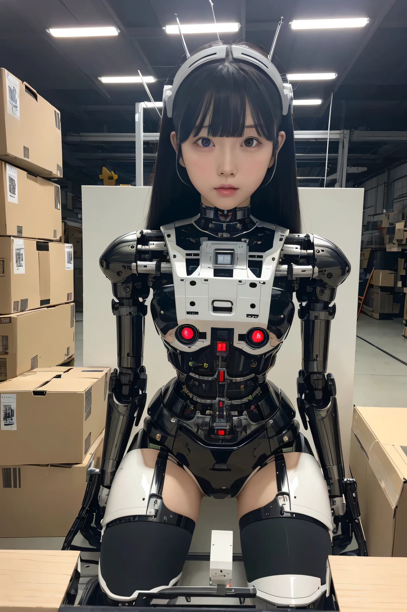 masterpiece, best quality, extremely detailed, Japaese Cyborg girl,Plump , control panels,android,Droid,Mechanical Hand, Robot arms and legs, Black Robot Parts,Black hair,Mechanical body,Blunt bangs,White robotics parts,perfect robot girl,long tube,thick cable connected her neck,ceramic body ,mechanical body, head antenna,short lod antenna on the head,mechanical ear cover, mechanical costume,android,robot,humanoid,cyborg,japanese android receptionist ,white socks,mechanical chest,She is packed in a box,She shipped in a box,