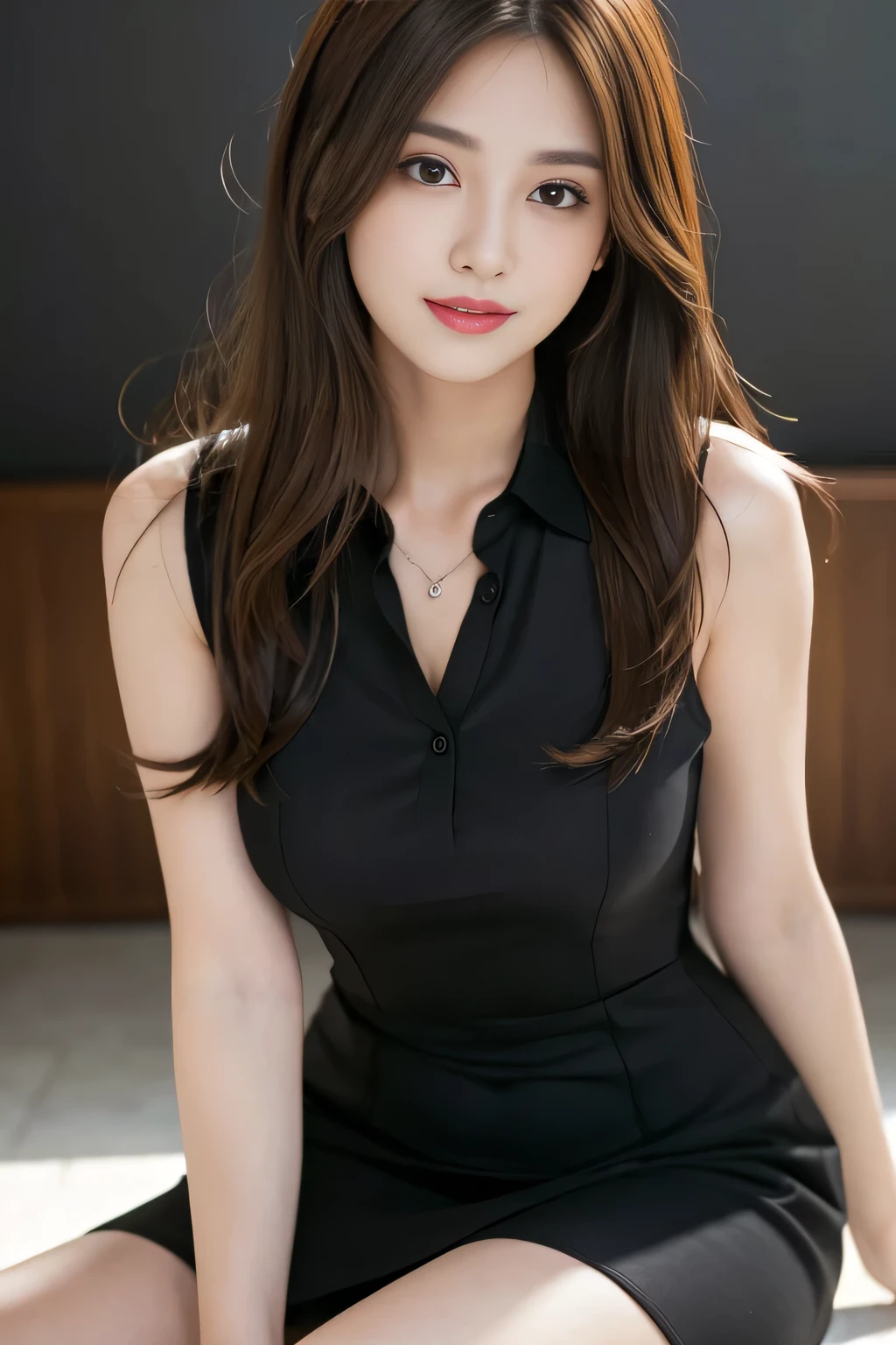 (RAW Photos), (Realistic), (masterpiece), (highest quality), High resolution, 8k, (Intricate details), (Volumetric Light), Portraiture, woman,Age 25, Medium Hair, Straight hair, Mid-chest, Layered Hair, Brown Hair, Very beautiful eyes, Source order, Very thin eyebrows, Very fine skin, Very beautiful mouth, Very nice nose, Cute like an idol, smile, (Thick lips), (Looking at the audience), (See-through black collared dress shirt), Above the knee shot