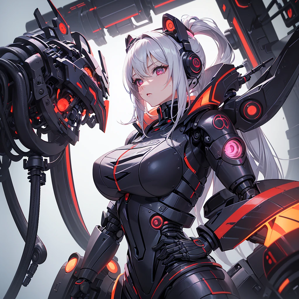 (a 23 year old woman) (cuerpo robotico de color negro y morado)(con ojos morados)(con cables alrededor) (cabello negro con mechas moradas)(una pantalla en su pecho)(estilo anime) (robotic pose)(ojos de color morado)