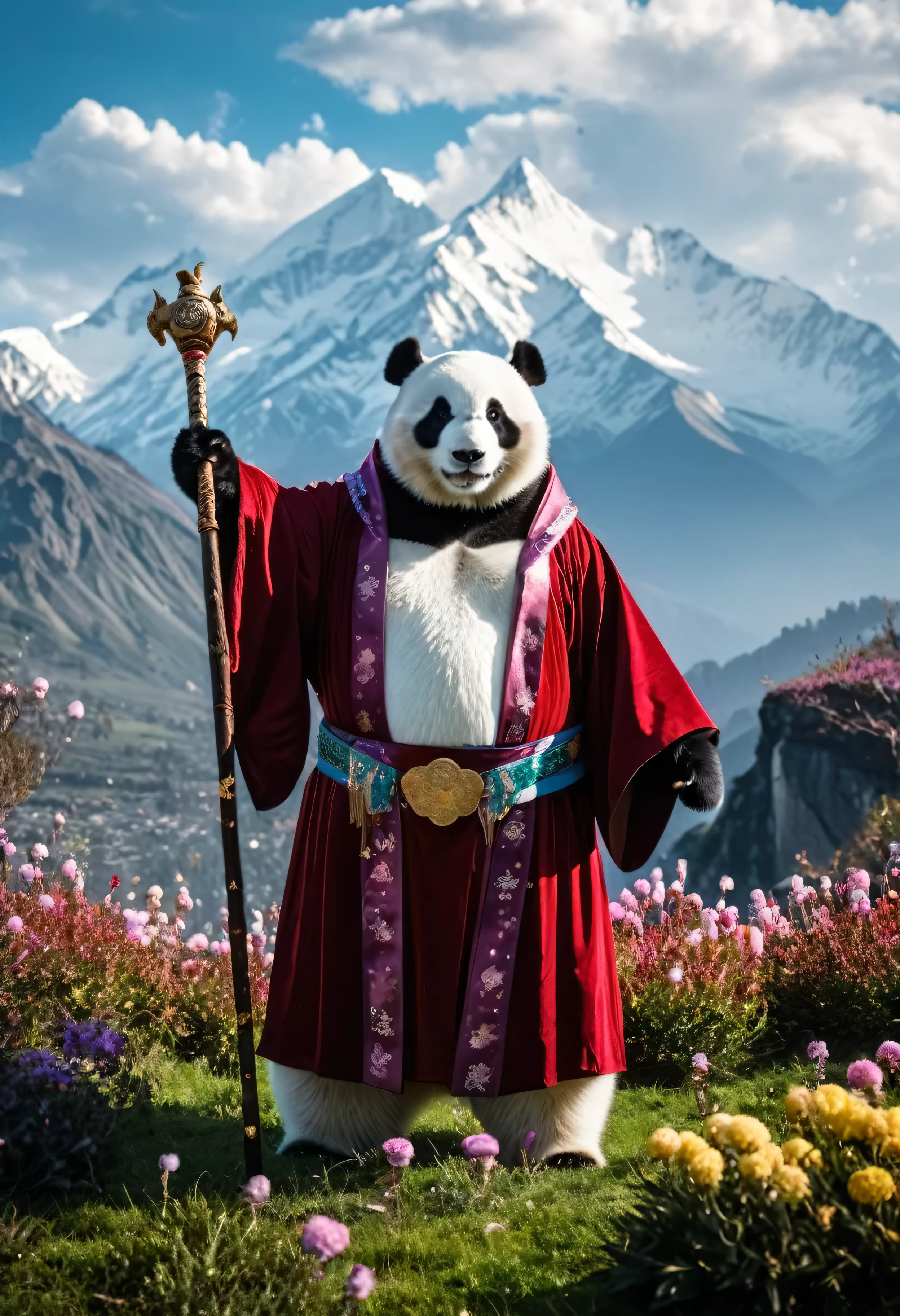 Award winning photography, long short, professional photo, cinematic lighting, masterpiece in maximum 16K resolution, ultra detailed, superb quality, fat panda wizard standing proudly on a (flower hill:1.2) with little bushes, silken robes decorated with mystical swirling symbols and patterns, wide belt, holding a grand magic staff adorned with a shiny crystal, epic mountains in the distance, sunrays coming through fluffy clouds, (dark red cloak).