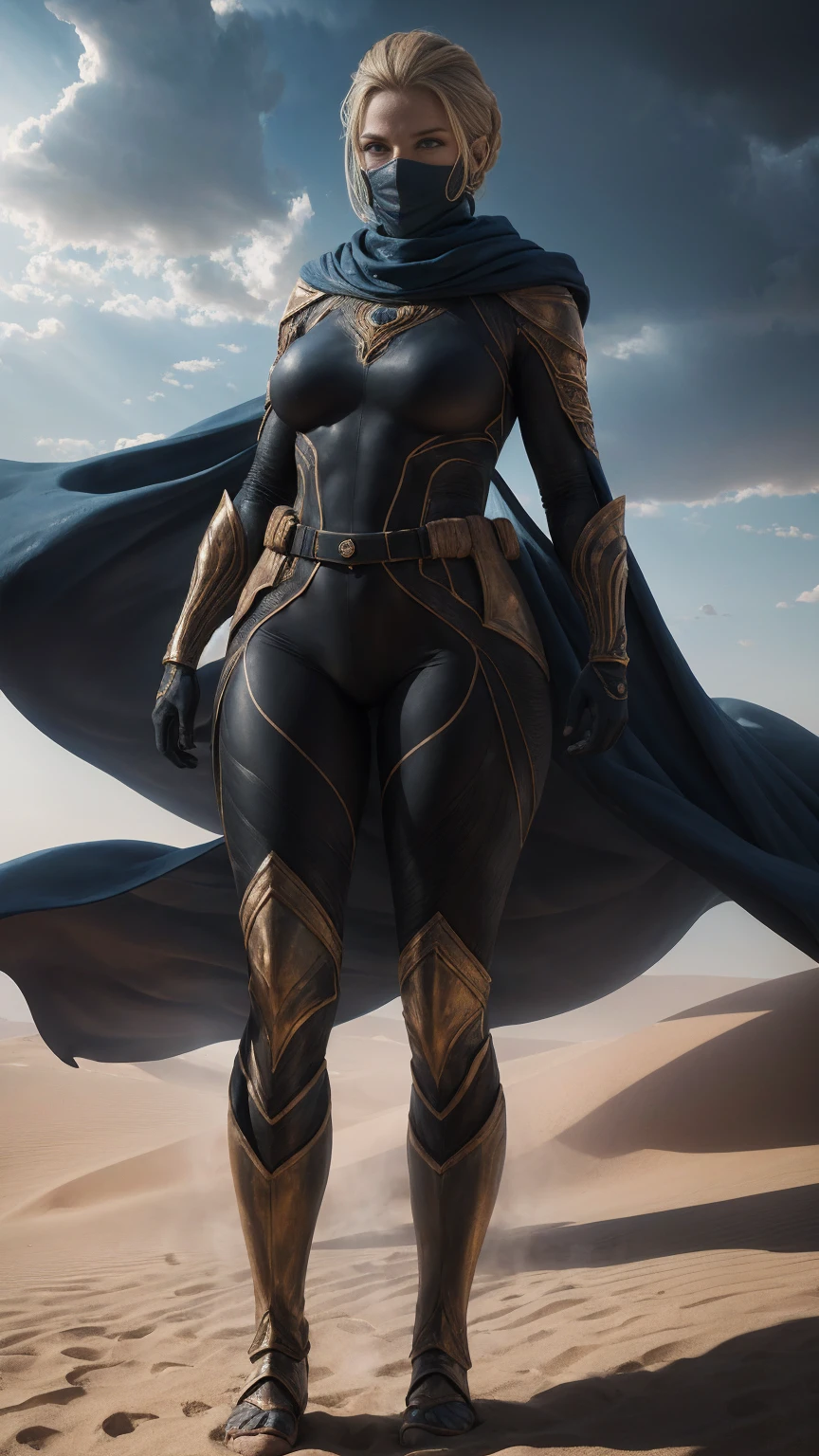 a digital illustration portraying a girl clad in an intricately designed Fremen suit reminiscent of the universe in Frank Herbert's "Dune." The suit boasts meticulous detailing, showcasing its desert-friendly features, including sand-resistant layers, functional utility belts, and a protective headscarf. Against the backdrop of a ferocious desert storm, she stands defiant, the tempest swirling around her. The artwork adopts a hyperrealistic style, accentuating the tactile feel of the suit's texture and the dramatic contrast of light and shadow in the midst of the storm