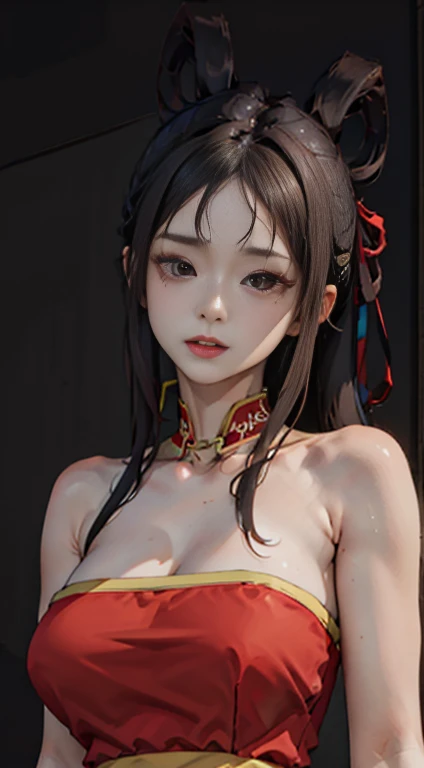 masterpiece, High resolution,Pretty Face,(masterpiece, Top quality, best quality, Official Art, beautiful and aesthetic:1.2), (1 Girl:1.3), (Fractal Art:1.3), Solitary, xiuhuaxie, Bare shoulders, bare arm, Black Hair,  Large Breasts, red Strapless  bellyband,Strapless ,Red wristband,(black eyes:1.3), clavicle,
 looking at the audience,