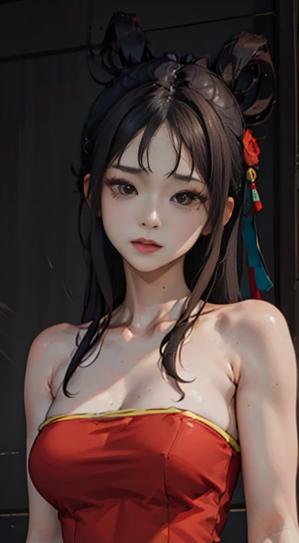 masterpiece, High resolution,Pretty Face,(masterpiece, Top quality, best quality, Official Art, beautiful and aesthetic:1.2), (1 Girl:1.3), (Fractal Art:1.3), Solitary, xiuhuaxie, Bare shoulders, bare arm, Black Hair,  Large Breasts, red Strapless  bellyband,Strapless ,Red wristband,(black eyes:1.3), clavicle,
 looking at the audience,