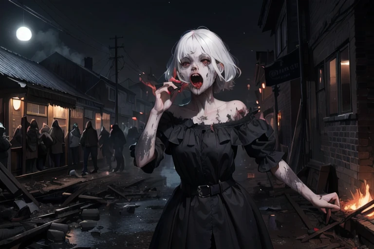 High resolution, masterpiece, high quality, Ghoul, torn skin, White, thin hair, dress, Attack, Looking Camera,Muddy, Night Theme Park, Midnight,  Dark atmosphere,Spooky lighting,Multiple zombies,Bite,Open your mouth,fire
