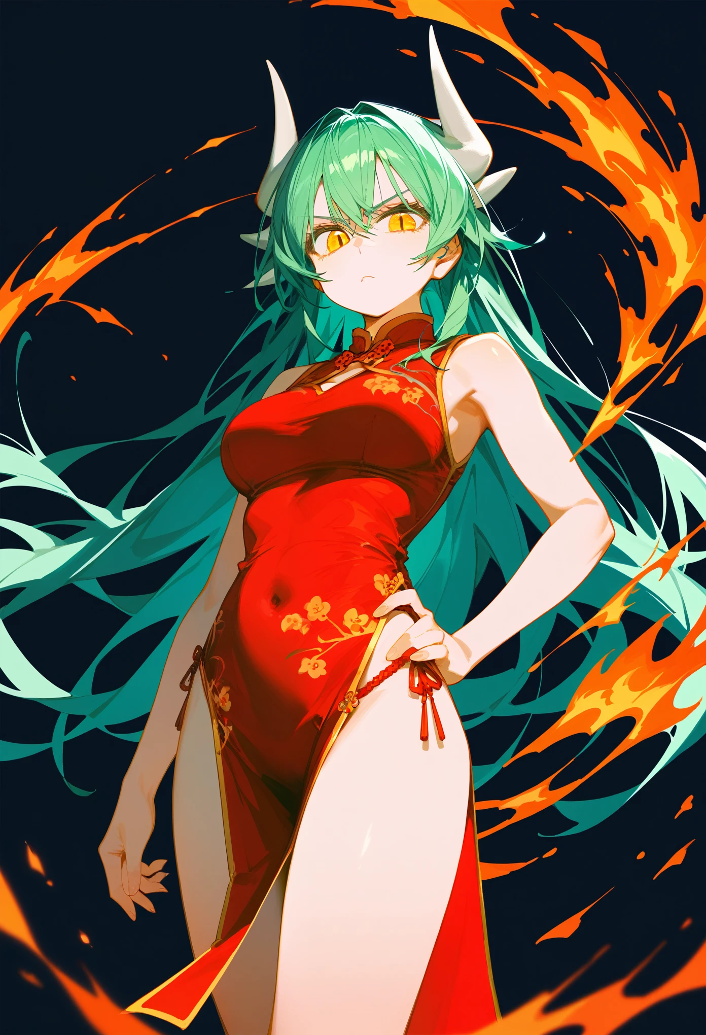 score_9, score_8_up, score_7_up, 1girl, solo, green hair, long hair, yellow eyes, slit pupils, horns, white horns, medium breasts, Chinese dress, red dress, cheongsam, sleeveless, pelvic curtain, standing, hand on hip, looking at viewer, neutral, serious, black background, simple background, best quality