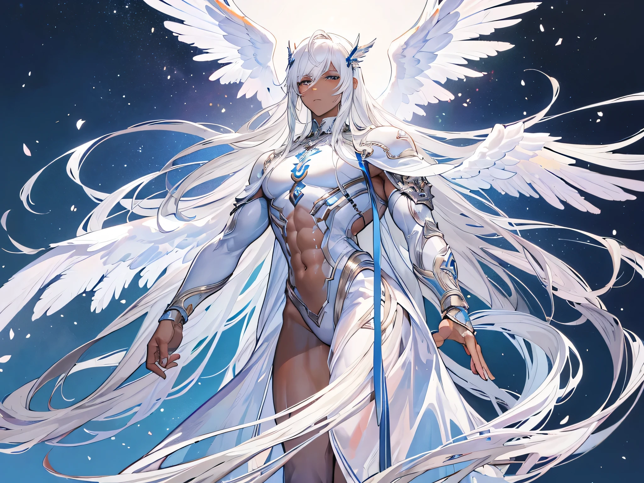 ((Masterpiece, Highest quality)), Male, boy, Detailed face, character design sheet， full bodyesbian, Full of details, frontal body view, back body view, Highly detailed, Depth, Many parts, dark skin, angel wings, white hair, angel outfit, Muscle boy with white long hair，handsome man, male angel , man tall