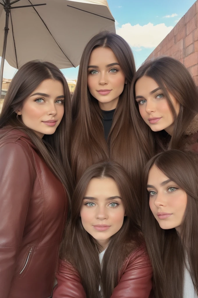 Professional photograph, best quality, 8K, hyper detailed, half body, A close up portrait of four gorgeous, beautiful, wonderful women, argentinian, russian croatian and serbian females together posing for the camera. All girls have super long hair, serbian and argentinian girl has dark brown hair, croatian girl has light brown hair, and russian girl has red-brown hair. They are wearing winter outfits, all girl are wearing leather jackets. They are wonderful, dream, ethereal, timeless, majestic beauties from Argentina, Croatia, Russia and Serbia. One hispanic and three slavic females who are dream beauties who comes to the hearts. They're glad, smiling and enjoying a day at park in fall afternoon. True friendship, they pose happy for the camera.